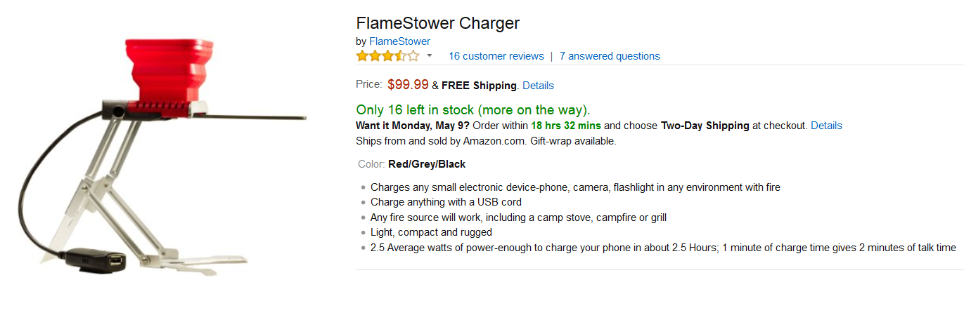Order the FlameStower fire charger from Amazon for $99.99 - Cook franks and beans while you charge your phone with the FlameStower fire charger