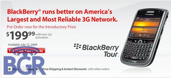 Verizon to launch the BlackBerry Tour on July 12th with a $199 contract price?