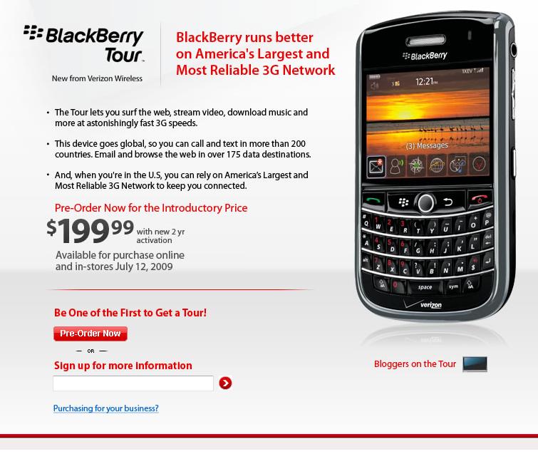 UPDATE:Now Official: BlackBerry Tour to be released by Verizon on July 12th; pre-orders accepted now