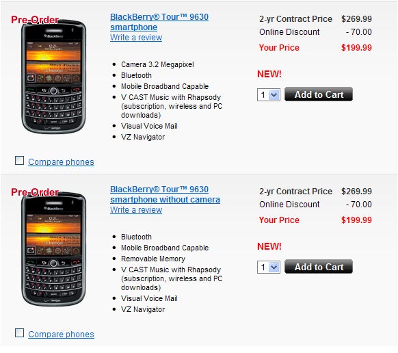 BlackBerry Tour available with or without camera