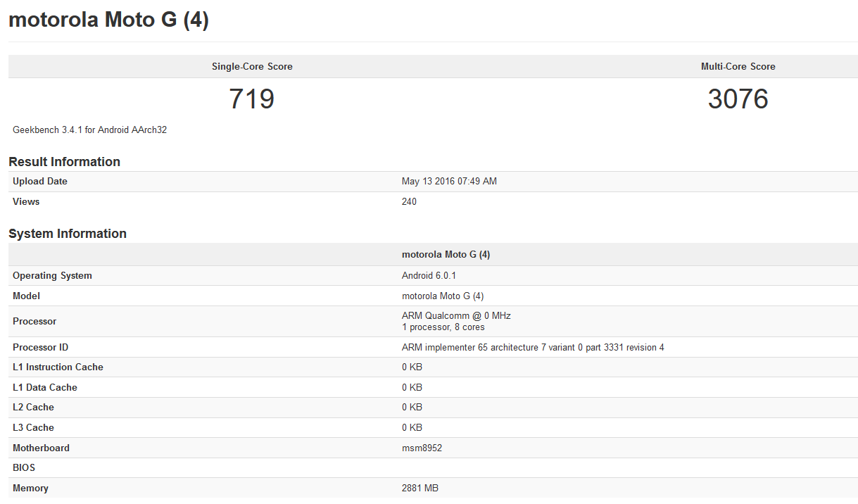 Geekbench test for the Motorola Moto G4 reveals that the phone will carry 3GB of RAM - Geekbench test reveals 3GB of RAM for the Motorola Moto G4