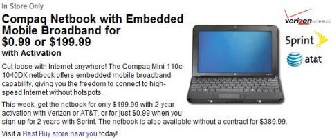 Best Buy offers a Compaq netbook for 99 cents with Sprint activation