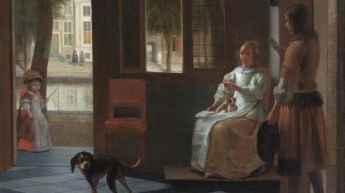 Man hands a letter to a woman in a hall, by Pieter de Hooch - That Rembrandt guy? Apple CEO Tim Cook sees iPhone in a painting from 1670, of course gets painter&#039;s name wrong