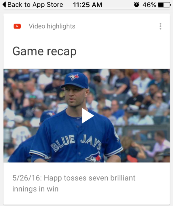 With the update, sports videos will appear inside a 'Now' card - Update to Google Search for iOS brings sports videos inside "Now" cards