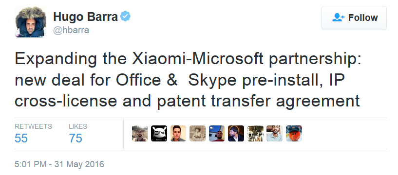 Xiaomi's Hugo Barra announces the deal on Twitter - Microsoft and Xiaomi ink patent and apps deal that includes Office and Skype