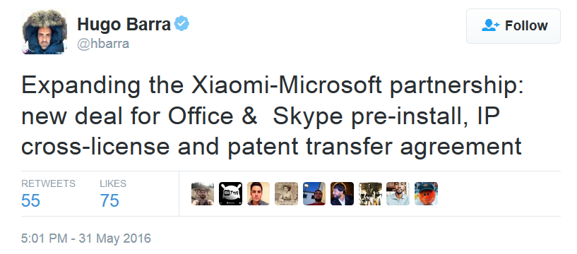 Xiaomi&#039;s Hugo Barra announces the deal on Twitter - Microsoft and Xiaomi ink patent and apps deal that includes Office and Skype