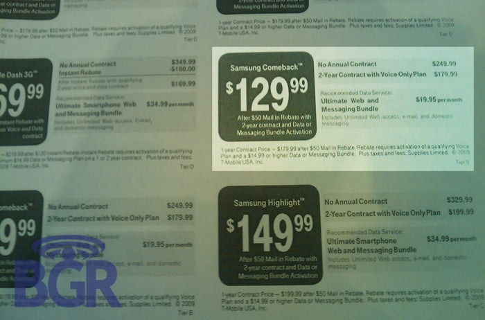 T-Mobile puts $130 price tage on Samsung Comeback?