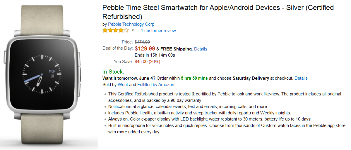 Get a deal on a refurbed Pebble Time Steel today only from Amazon - Steal a 'refurbed' Pebble Time Steel from Amazon with this deal, good for today only