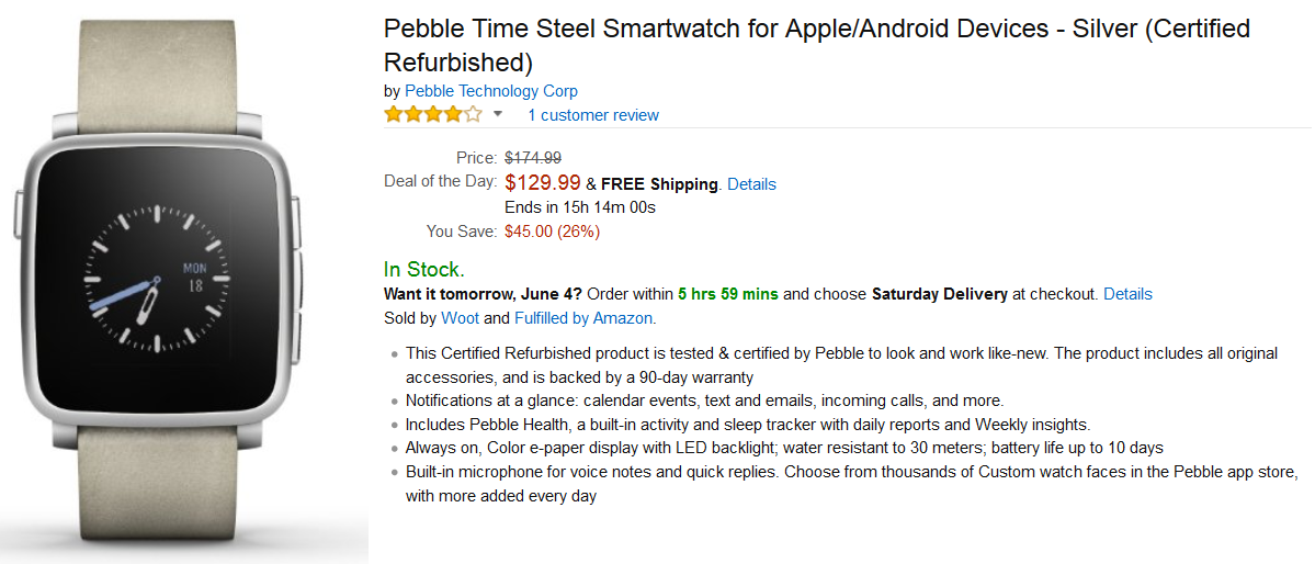 Get a deal on a refurbed Pebble Time Steel today only from Amazon - Steal a &#039;refurbed&#039; Pebble Time Steel from Amazon with this deal, good for today only