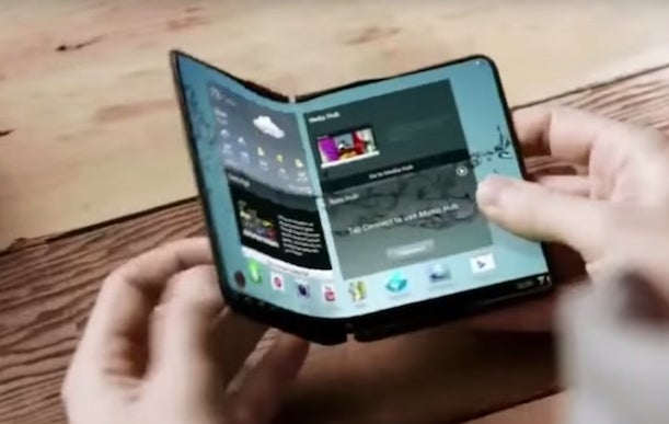 A flexible phone concept by Samsung. - Samsung purported to reveal new Galaxy smartphones with flexible screens at MWC 2017