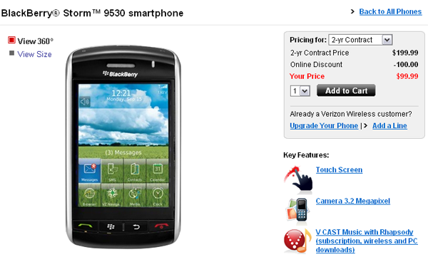 BlackBerry Storm contract price cut to $99 by Verizon
