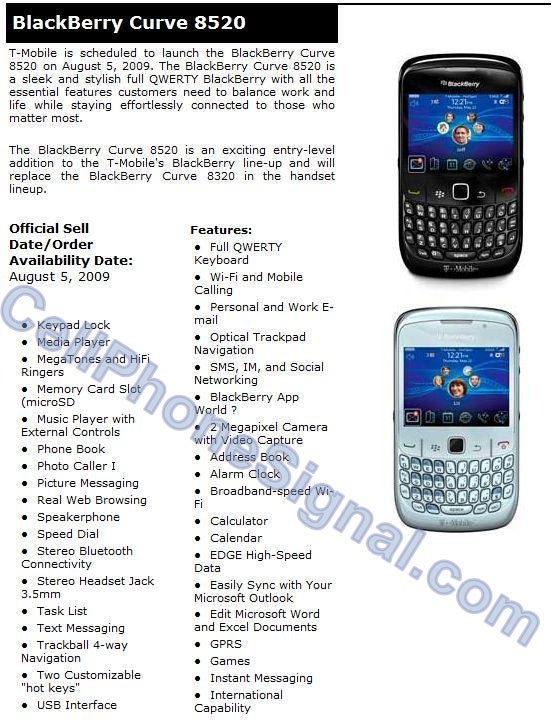More evidence leaks showing August 5th launch for T-Mobile's BlackBerry Curve 8520