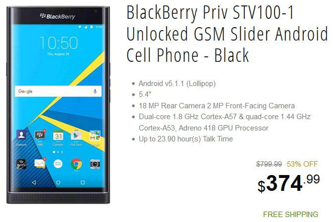 Newegg will sell you an unlocked BlackBerry Priv for $374.99 - T-Mobile's BlackBerry Priv is now receiving Android 6.0 update; price cut to $374.99 by Newegg