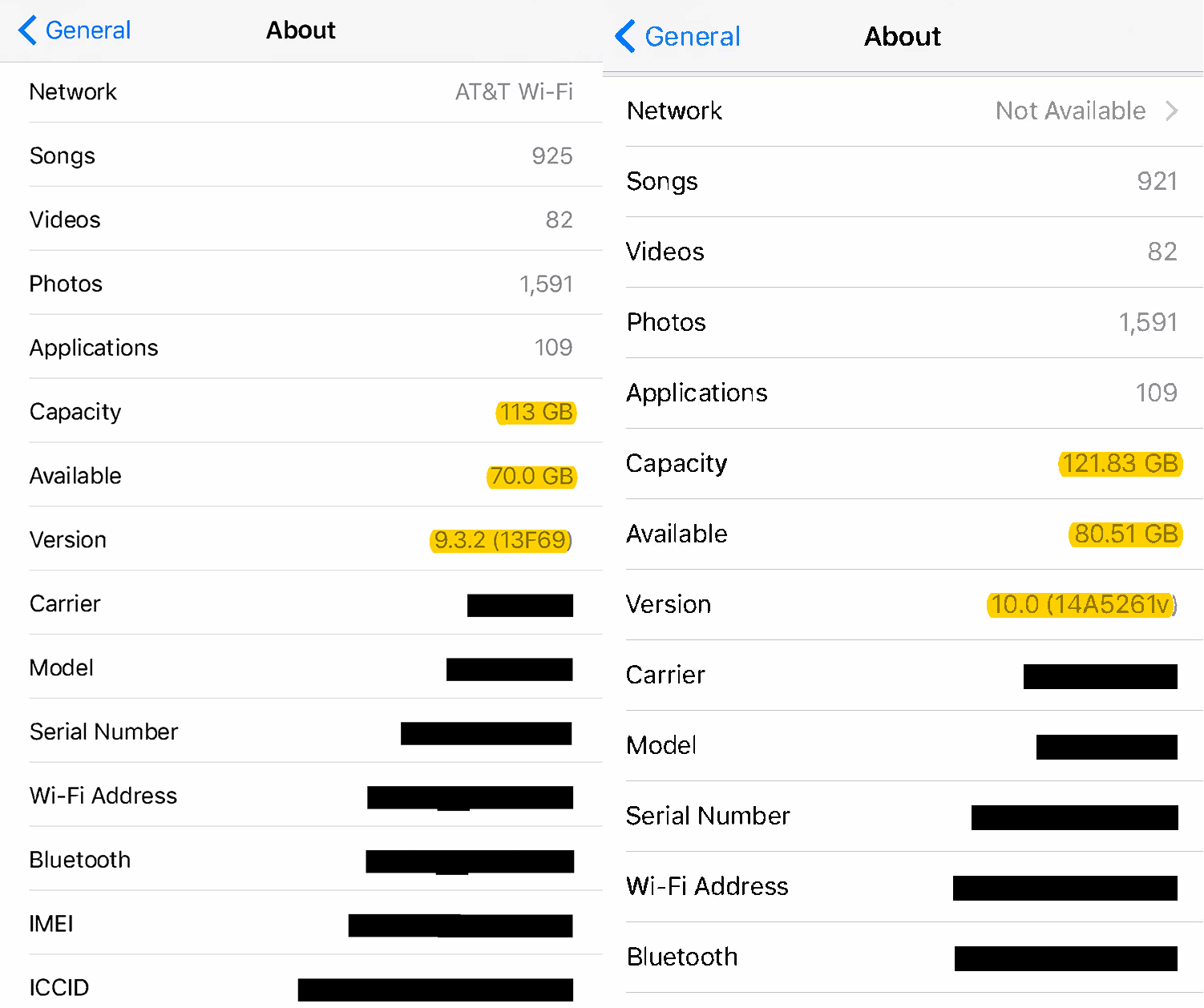 28GB iPhone 6s Plus on the left, 128GB iPhone 6s on the right - &amp;nbsp;a user&#039;s proof that&amp;nbsp;iOS 10 has been slimmed down - iOS on a diet? Redditors claim iOS 10 has increased the storage capacity on their iPhones