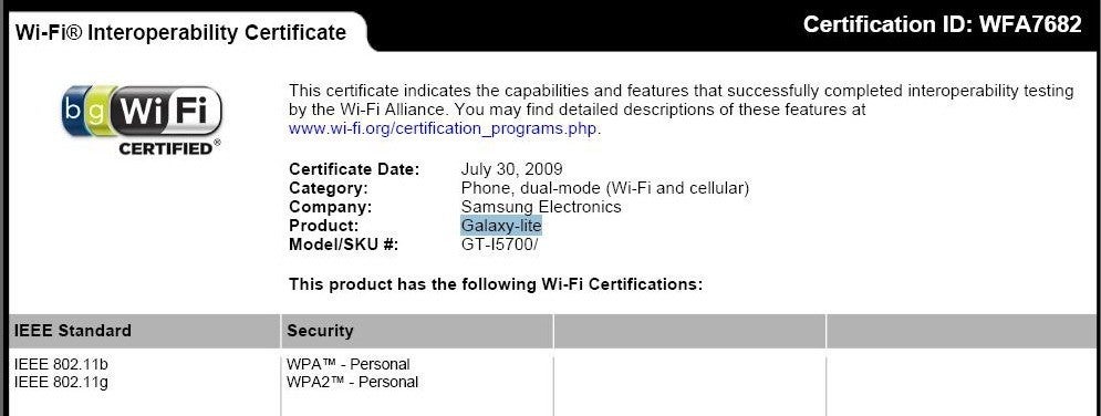 The Samsung Galaxy Lite gets a Wi-Fi certificate
