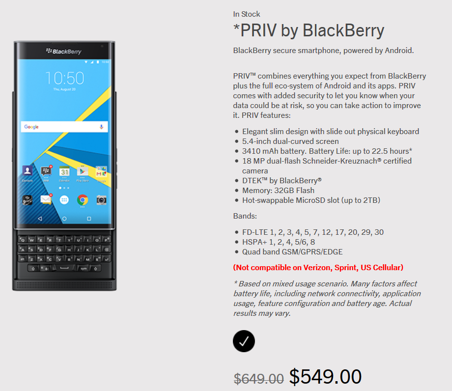 The unlocked BlackBerry Priv is $549 from BlackBerry through Monday, June 20th - Father's Day promotion takes $100 off the price of an unlocked BlackBerry Priv