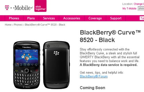 T-Mobile&#039;s web site shows off BlackBerry Curve 8520 just days from launch