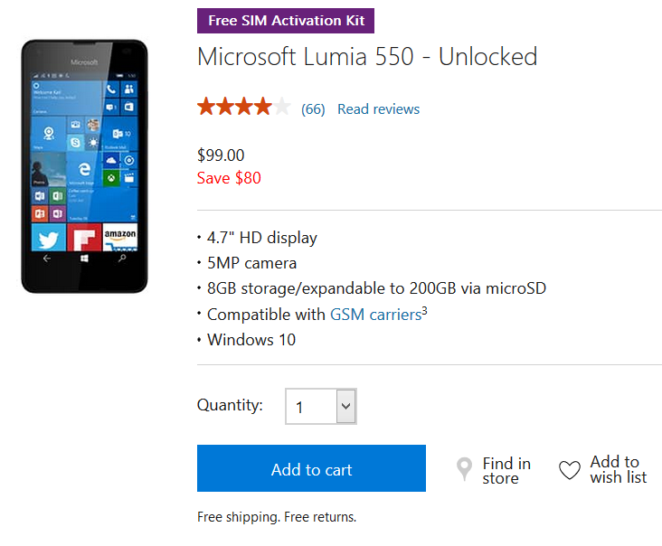 Microsoft has the Lumia 550 priced at $99 with an $80 discount - Microsoft will sell you the Lumia 550 with a free T-Mobile SIM kit for $99; deal ends June 20th