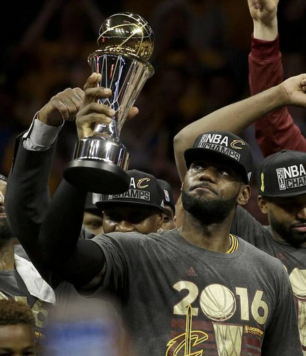 LeBron James hold the NBA Championship trophy after the Cavs win game 7 - LeBron used Steve Jobs' 2005 Stanford commencement speech to inspire the Cavs during the finals