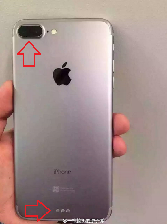 Arrows highlight the dual cameras and the smart connector port on the Apple iPhone 7 Plus - Dual camera setup and smart connector port appear on leaked Apple iPhone 7 Plus photo