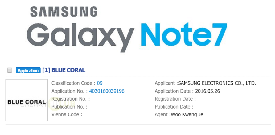 The Samsung Galaxy Note 7 logo on top contains the Blue Coral color that Samsung filed protection for - The blue version of the Samsung Galaxy Note 7 will be called &#039;Blue Coral&#039;