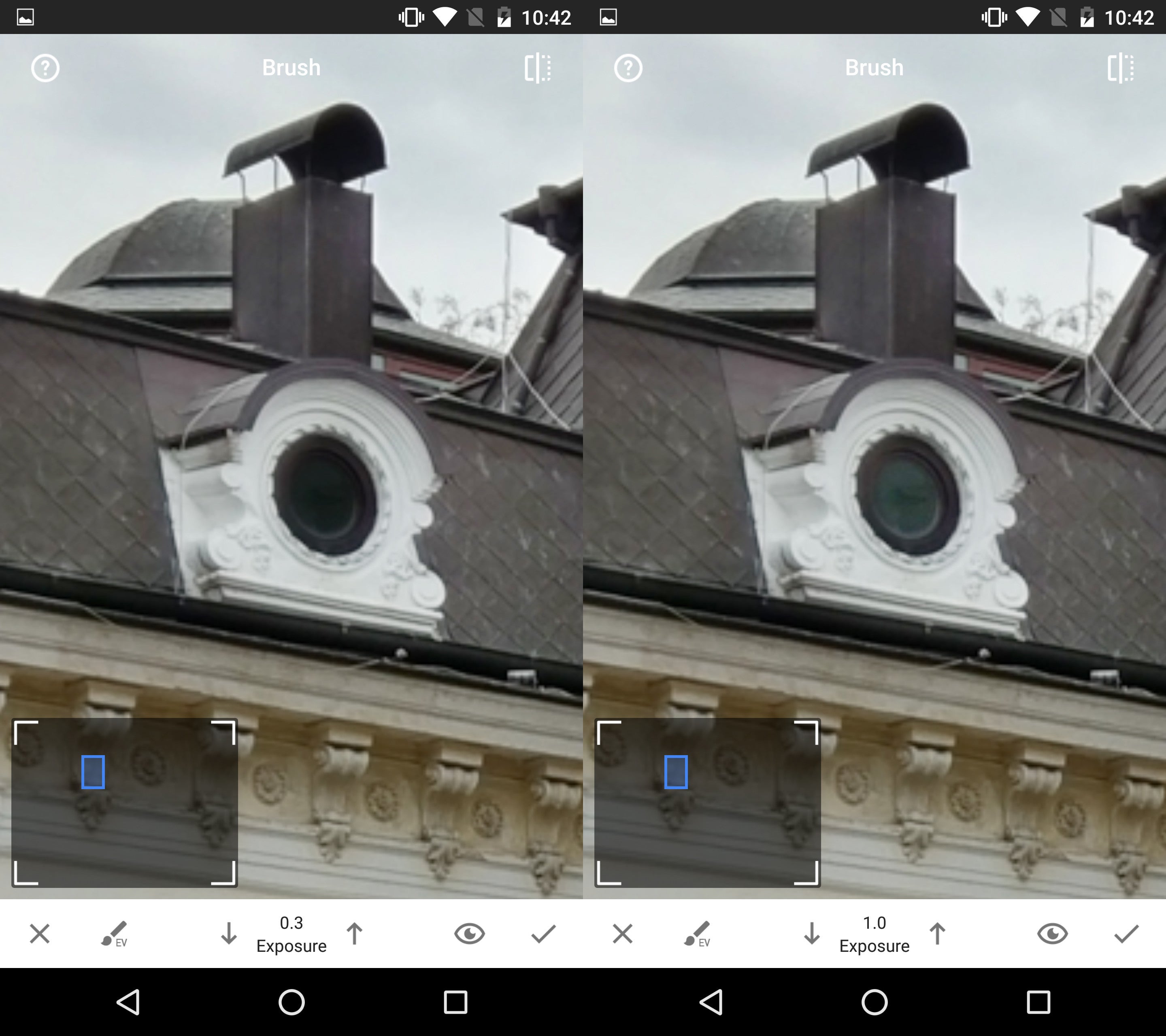 The round roof window with 0.3 steps of exposure vs. 1 full step of exposure - How to edit photos like a pro using only Snapseed