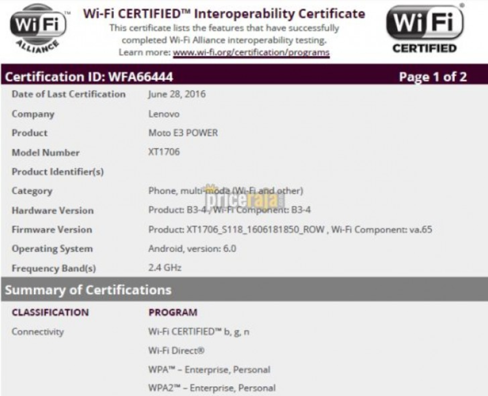 The Motorola Moto E3 Power receives its Wi-Fi certification - Motorola Moto E3 Power earns its Wi-Fi certification; phone could be the Lenovo Vibe C2