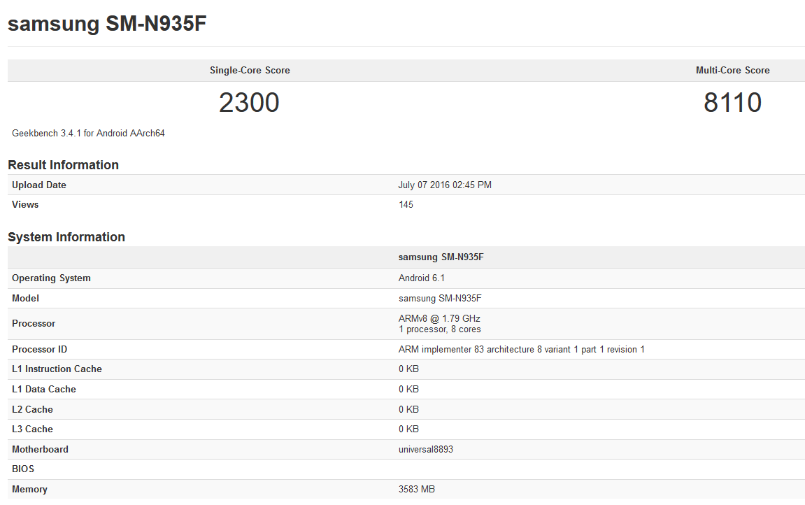 Samsung Galaxy Note 7, with the Exynos 8893 chipset on board, scores high on Geekbench - Exynos 8893 powered Samsung Galaxy Note 7 scores high on Geekbench