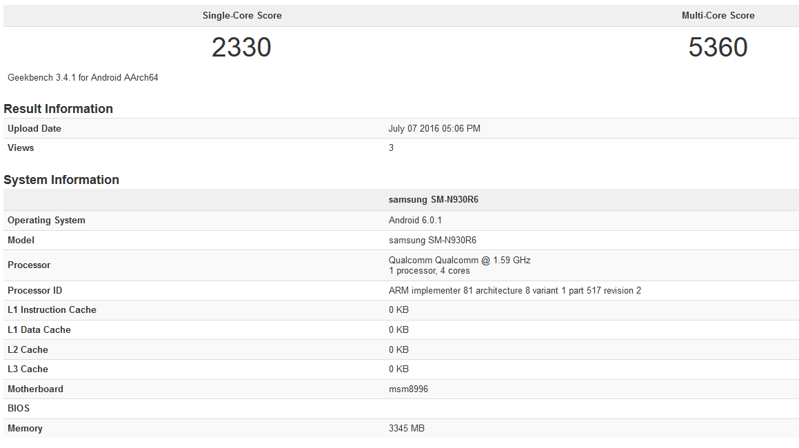 The version of the Samsung Galaxy Note 7 powered by the Snapdragon 820 is benchmarked by Geekbench - Samsung Galaxy Note 7 with Snapdragon 820 chipset inside also makes Geekbench appearance