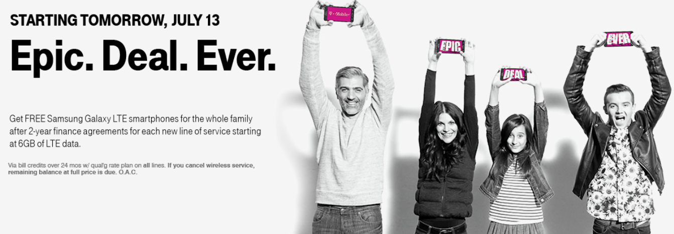 Starting July 13th, T-Mobile is offering its self-proclaimed best deal ever. - T-Mobile&#039;s &quot;best deal ever&quot; begins tomorrow; four lines, 6GB of data and four free phones for $120