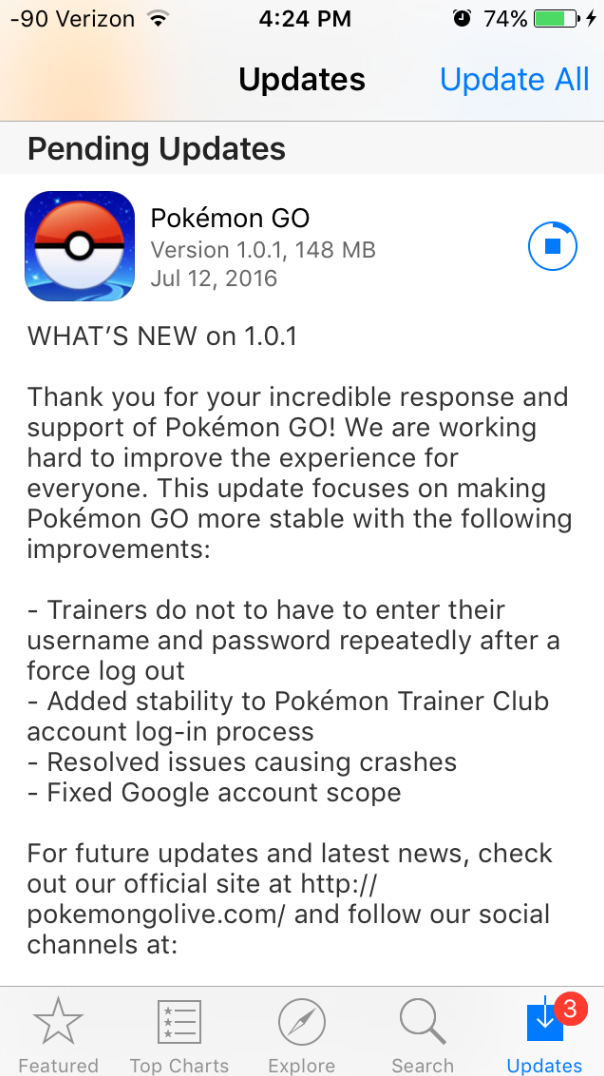 Version 1.0.1 of Pokemon Go has been released - Pokemon Go for iOS receives update to version 1.0.1; fixes privacy issue, improves stability, more