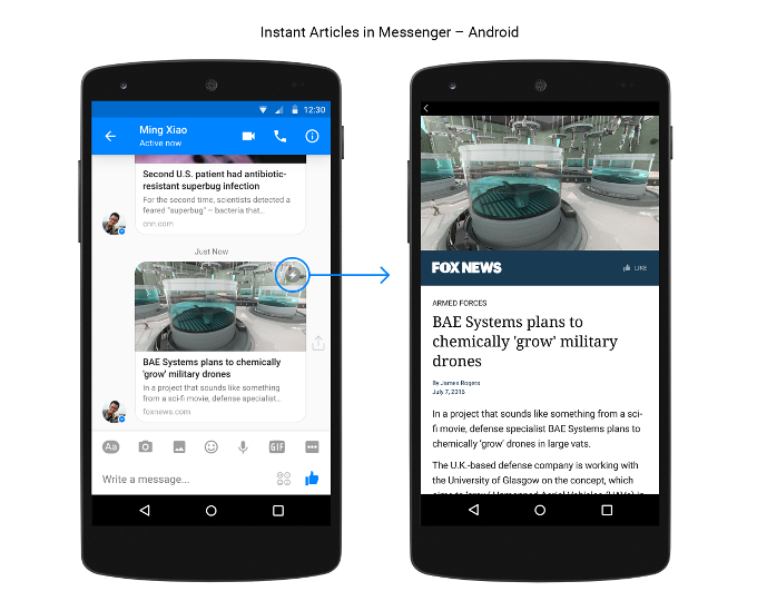 Facebook Messenger intros zippy Instant Articles preview within the Android chat app, iOS to follow
