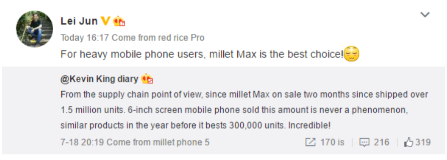 Lei Jun, Xiaomi co-founder, says that the company has shipped 1.5 million Mi Max phablets - Lei Jun: We shipped 1.5 million Xiaomi Mi Max units in two months