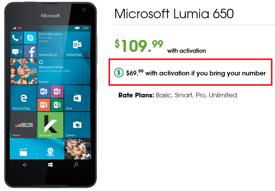 If you're a new Cricket Wireless customer, port your number over from your current carrier and pay $69.99 for the Lumia 650 - New to Cricket? Port over your number and save 36% on the Microsoft Lumia 650