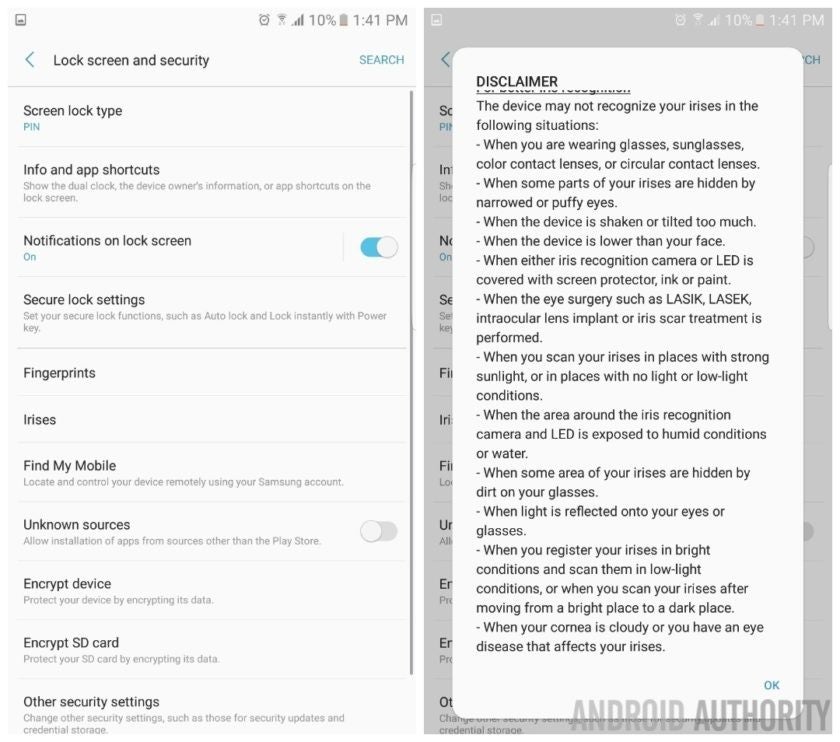 Galaxy Note 7 iris scanner limitations disclaimer, Grace UX shown off in leaked screenshots