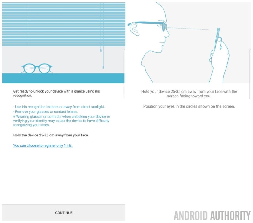 The set-up for the iris scanner is simple enough. Hold phone away from face. Align eyes with on-screen circles. Do not blink - Galaxy Note 7 iris scanner limitations disclaimer, Grace UX shown off in leaked screenshots