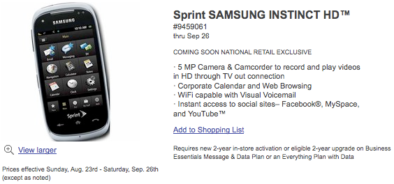 Best Buy web site shows off Samsung Instinct HD