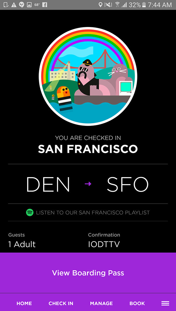 Screenshot showing the post check-in screen - Virgin America airlines app takes flight this summer, featuring booking and Spotify playlists