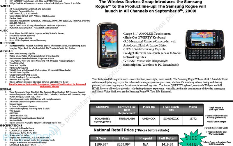 UPDATED: Official Samsung Rogue U960 Specifications, Release Date and Pricing
