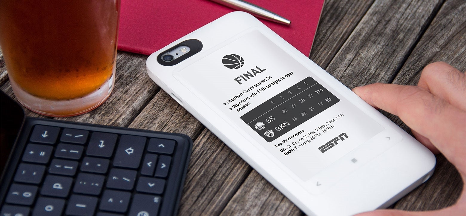 The popSLATE 2 adds a secondary e-ink display and battery pack to the iPhone 6 or 6s