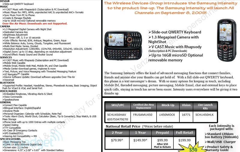 UPDATED: Images, specs and pricing of the Samsung Intensity U450 for Verizon