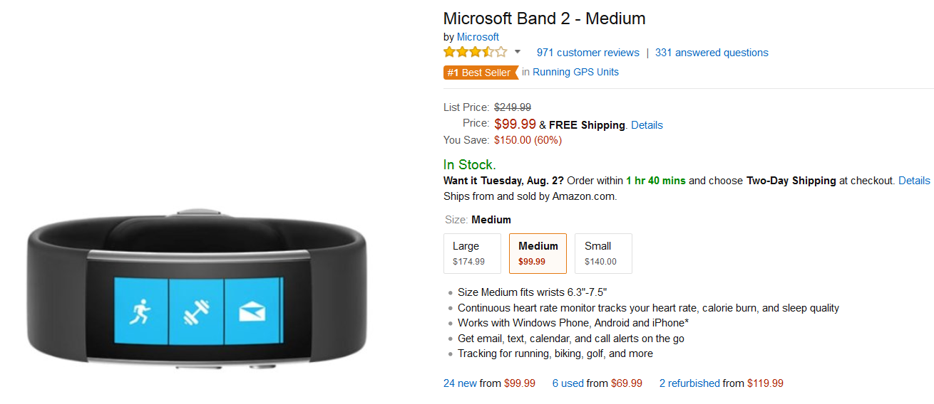 Amazon has the medium sized Microsoft Band 2 priced at $99.99 - Amazon offers the medium sized Microsoft Band 2 for just $99.99 (UPDATE)