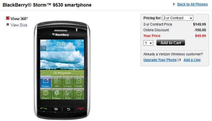 Verizon cuts pricing on BlackBerry Storm to $49.99