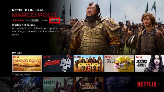 Macro Polo on Netflix with the Dolby Vision indicator icon. Note that Dolby Vision, while a different and proprietary standard, implies HDR10 compatibility as well. - The Note 7 is the first smartphone with HDR10-compliant display and this is why you should care