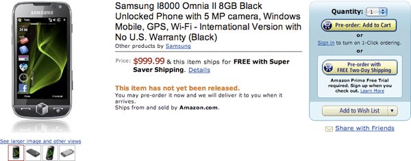 Samsung Omnia II available for Pre-Order at Amazon for 1 cent shy of a Grand