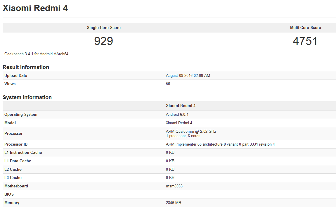 The Xiaomi Redmi 4 is benchmarked by Geekbench - Xiaomi Redmi 4 spotted on Geekbench with Snapdragon 625 SoC, 3GB of RAM