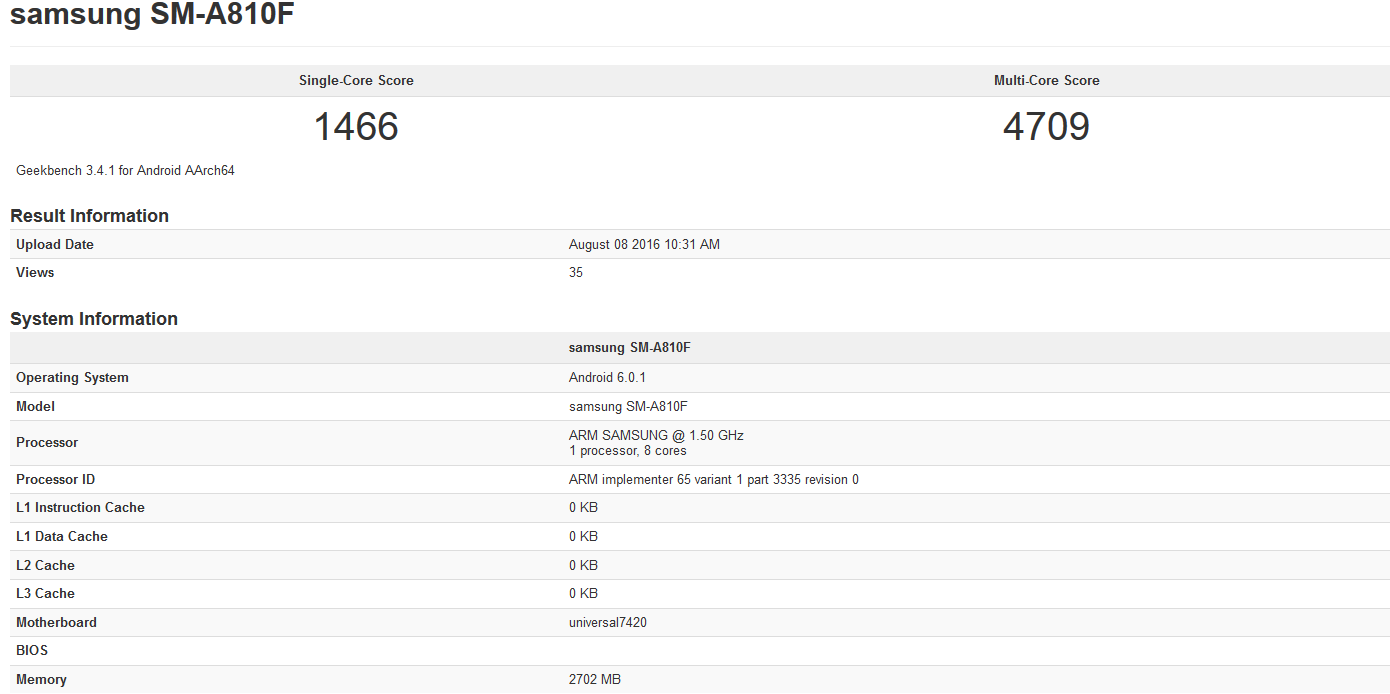 The Samsung Galaxy A8 (2016) is benchmarked by Geekbench - Samsung Galaxy A8 (2016) shows up on Geekbench powered by the Exynos 7420 SoC