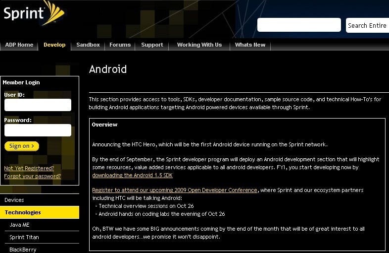 Sprint's dev site talks about the HTC Hero - Sprint developer site 'announces' the HTC Hero