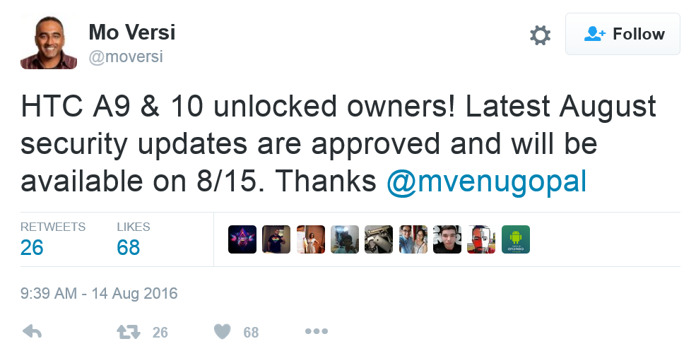 HTC executive Mo Versi spreads the word on the security update for the HTC One A9 and HTC 10 - August security update is pushed out for the unlocked HTC One A9, HTC 10