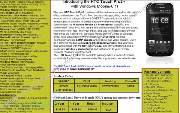 HTC Touch Pro2 confirmed for Verizon on September 11th